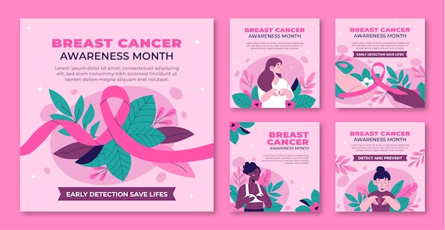 Vector gratuito colección plana de publicaciones de instagram del mes de concientización sobre el cáncer de mama