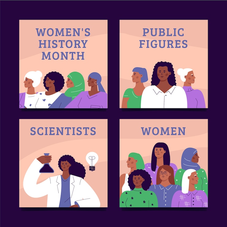 Vector gratuito colección plana de publicaciones de instagram del mes de la historia de la mujer