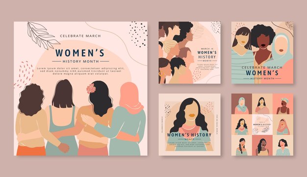 Colección plana de publicaciones de instagram del mes de la historia de la mujer