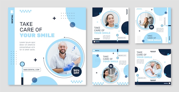 Vector gratuito colección plana de publicaciones de instagram para negocios de clínicas dentales