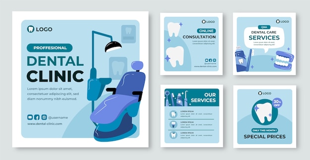 Colección plana de publicaciones de instagram para negocios de clínicas dentales