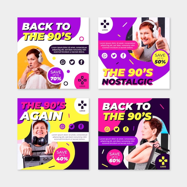 Vector gratuito colección plana de publicaciones de instagram nostálgicas de los 90 con foto