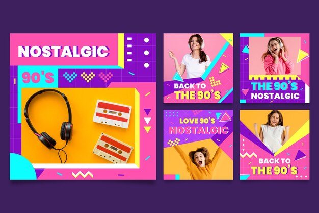 Colección plana de publicaciones de instagram nostálgicas de los 90 con foto