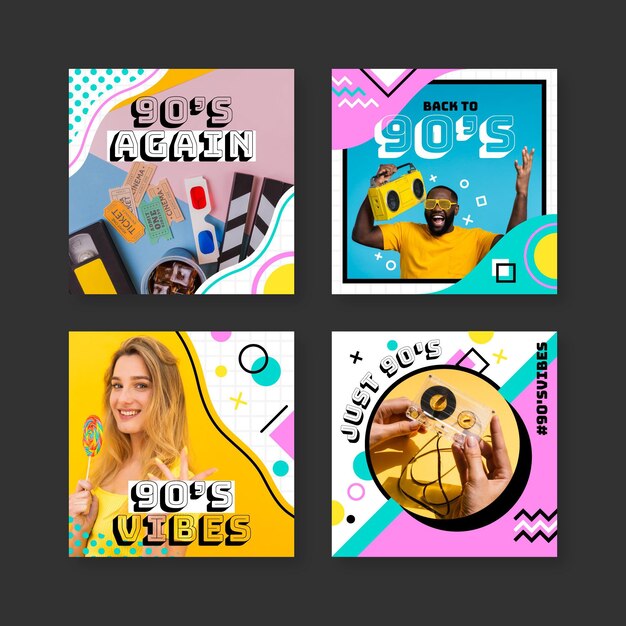 Colección plana de publicaciones de instagram nostálgicas de los 90 con foto