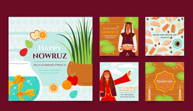 Colección plana de publicaciones de instagram de nowruz