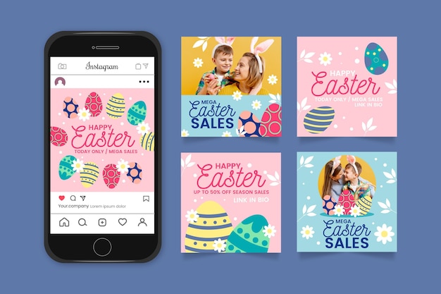 Vector gratuito colección plana de publicaciones de instagram de pascua