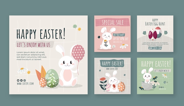 Vector gratuito colección plana de publicaciones de instagram de pascua