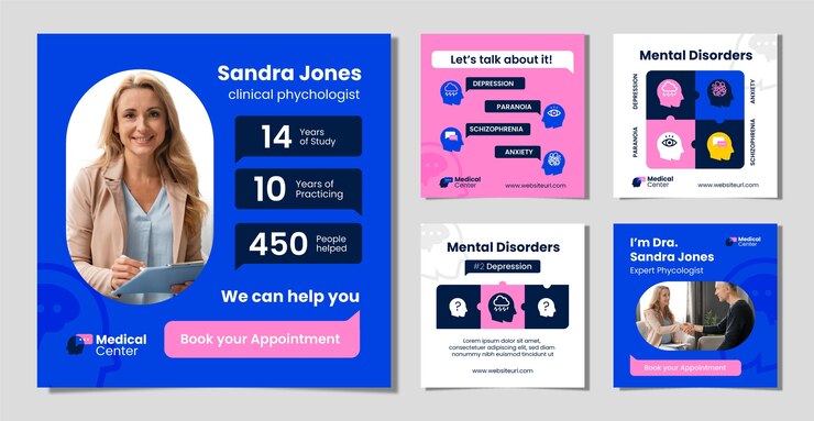 Vector gratuito colección plana de publicaciones de instagram de psicólogo