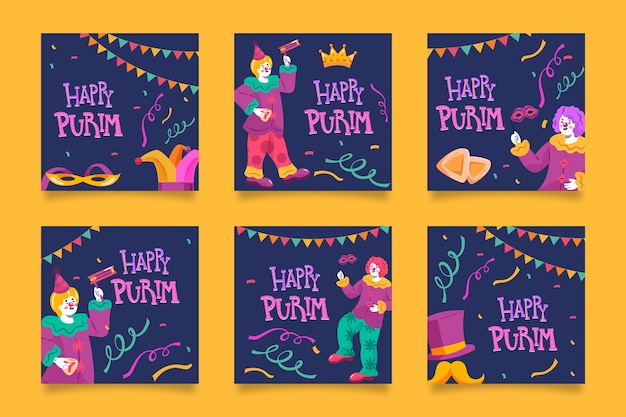 Colección plana de publicaciones de instagram de purim
