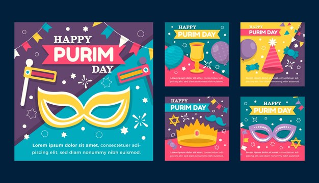 Colección plana de publicaciones de instagram de purim