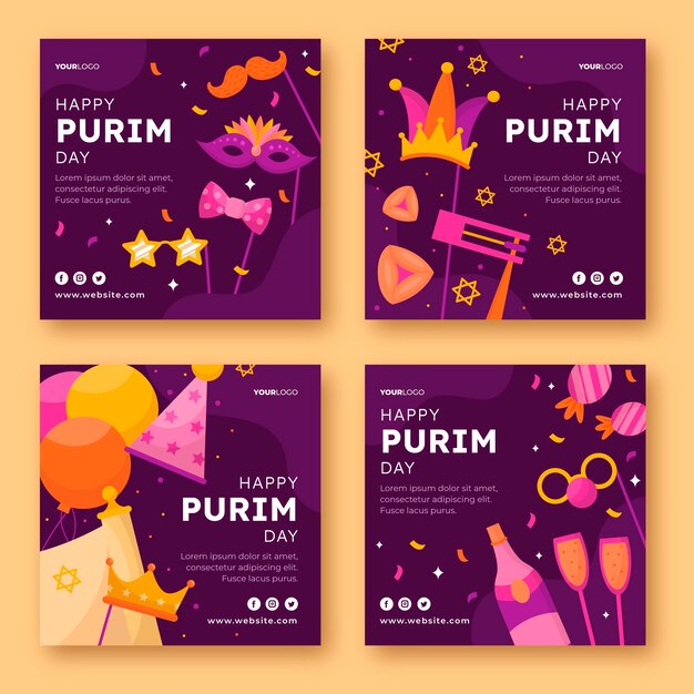 Colección plana de publicaciones de instagram de purim