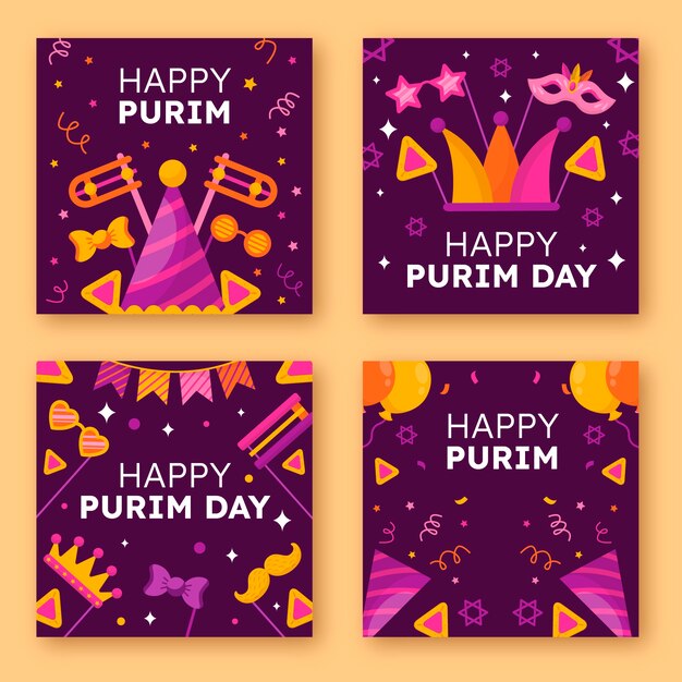 Vector gratuito colección plana de publicaciones de instagram de purim