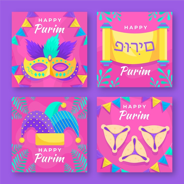 Colección plana de publicaciones de instagram de purim