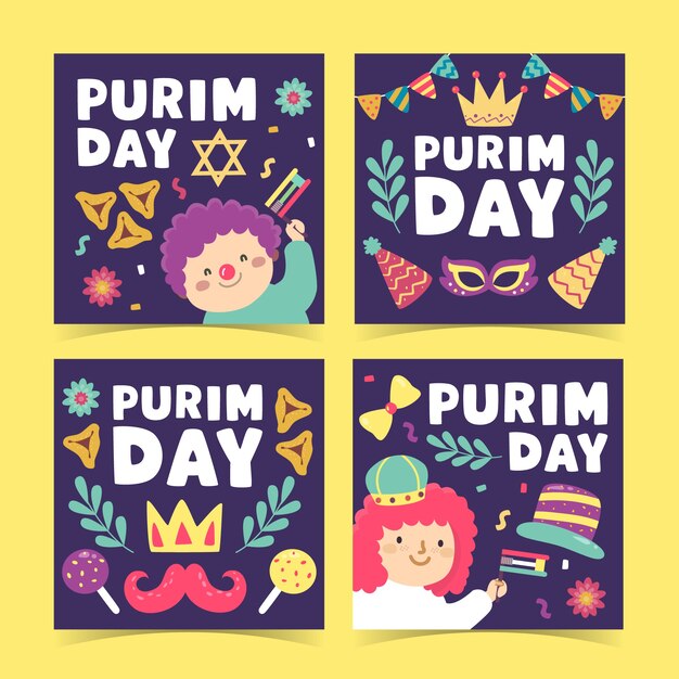 Colección plana de publicaciones de instagram de purim