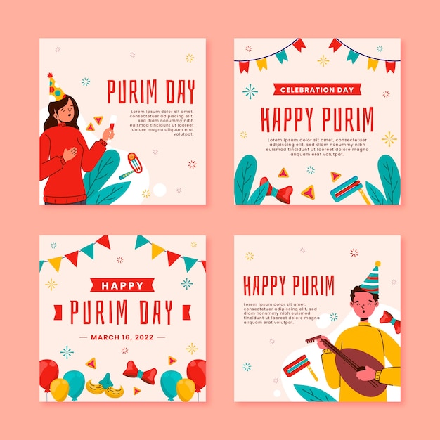 Vector gratuito colección plana de publicaciones de instagram de purim