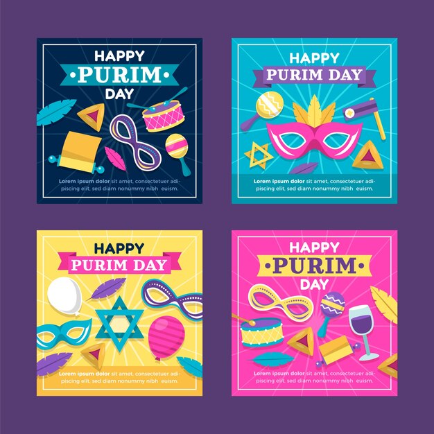 Colección plana de publicaciones de instagram de purim