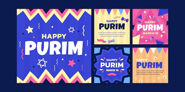 Vector gratuito colección plana de publicaciones de instagram de purim