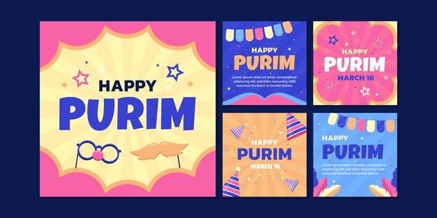 Colección plana de publicaciones de instagram de purim