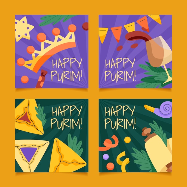 Vector gratuito colección plana de publicaciones de instagram de purim