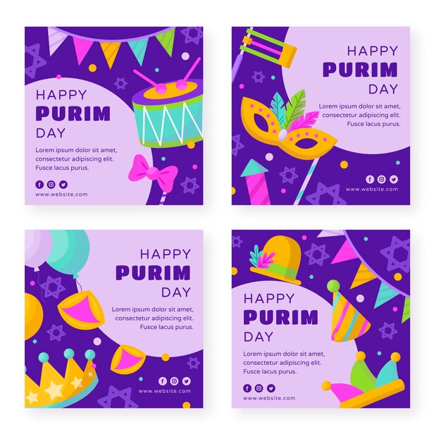 Colección plana de publicaciones de instagram de purim