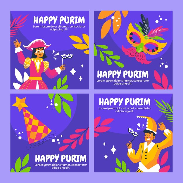 Vector gratuito colección plana de publicaciones de instagram de purim