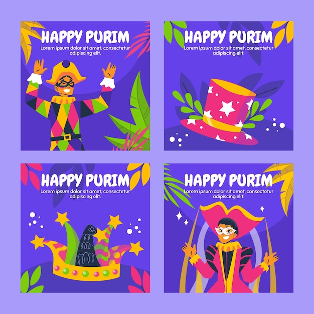 Colección plana de publicaciones de instagram de purim