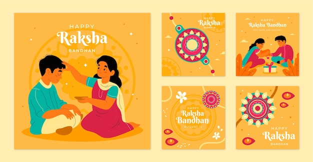 Vector gratuito colección plana de publicaciones de instagram de raksha bandhan