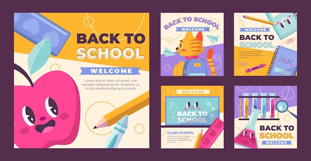 Vector gratuito colección plana de publicaciones de instagram de regreso a la escuela