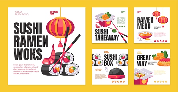 Vector gratuito colección plana de publicaciones de instagram de restaurante japonés con comida tradicional