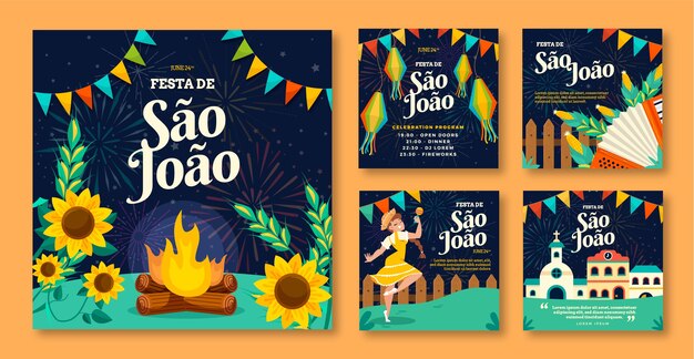 Colección plana de publicaciones de instagram de sao joao