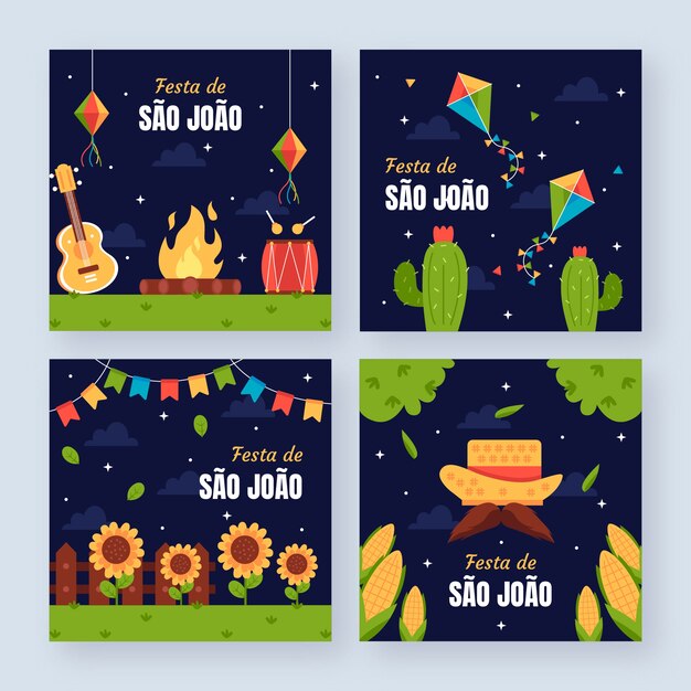 Vector gratuito colección plana de publicaciones de instagram de sao joao