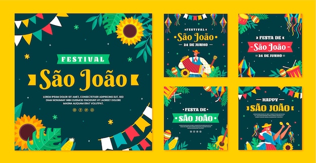 Vector gratuito colección plana de publicaciones de instagram de sao joao