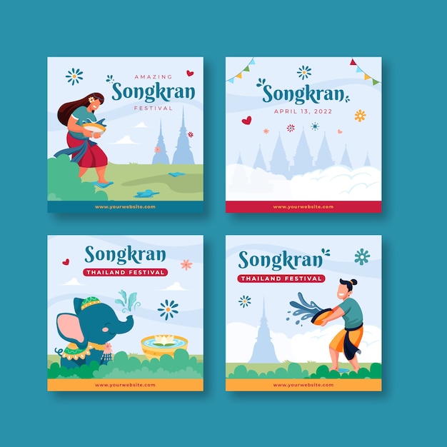 Colección plana de publicaciones de instagram de songkran