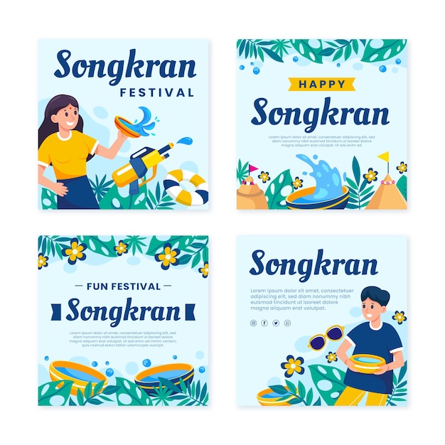 Vector gratuito colección plana de publicaciones de instagram de songkran