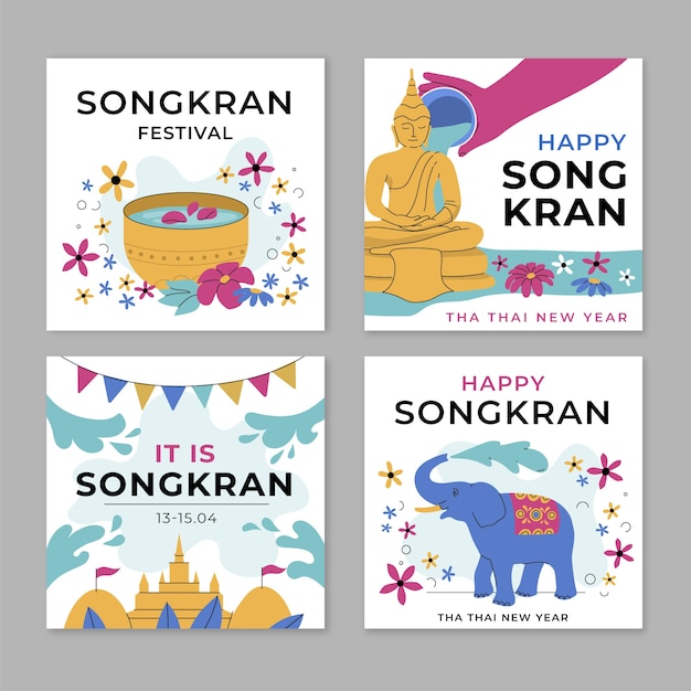 Vector gratuito colección plana de publicaciones de instagram de songkran