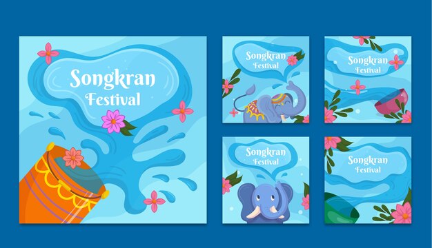 Colección plana de publicaciones de instagram de songkran