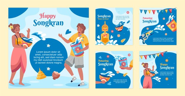 Colección plana de publicaciones de instagram de songkran
