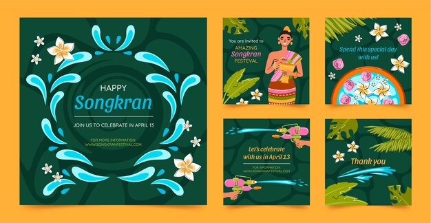 Colección plana de publicaciones de instagram de songkran