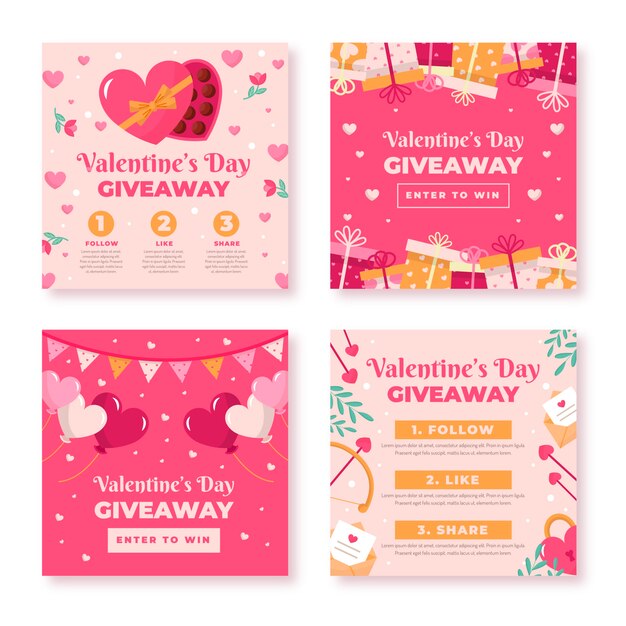 Colección plana de publicaciones de instagram de sorteo de san valentín