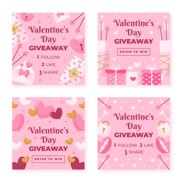 Colección plana de publicaciones de instagram de sorteo de san valentín