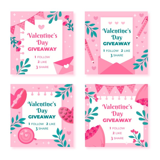 Colección plana de publicaciones de instagram de sorteo de san valentín