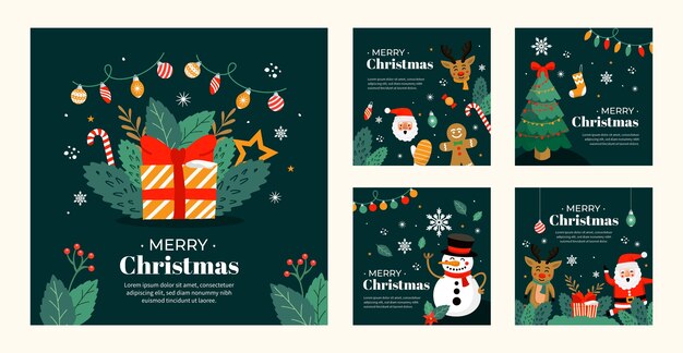 Colección plana de publicaciones de instagram para la temporada navideña con muñeco de nieve y santa