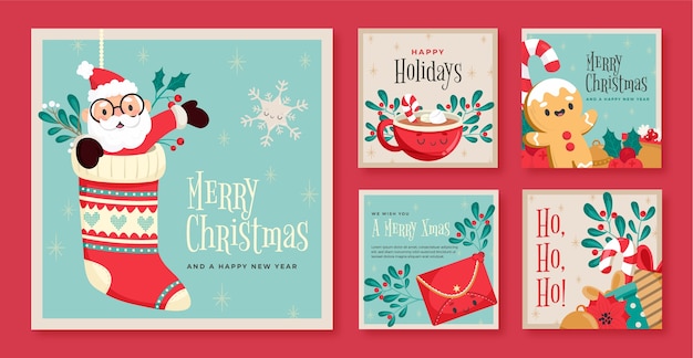 Vector gratuito colección plana de publicaciones de instagram de temporada navideña