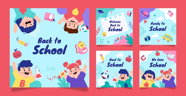 Vector gratuito colección plana de publicaciones de instagram para la temporada de regreso a la escuela