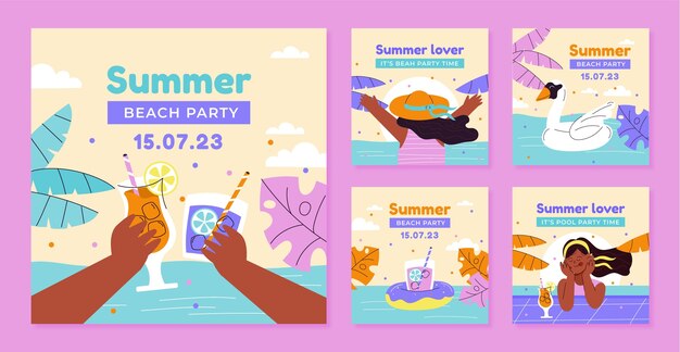 Colección plana de publicaciones de instagram para la temporada de verano