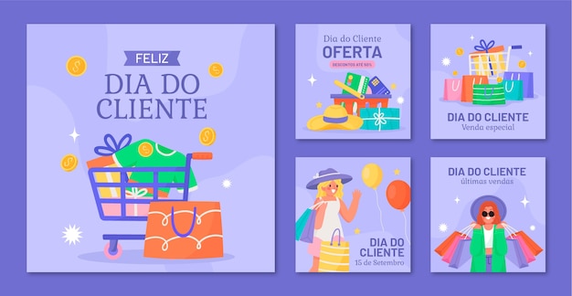 Vector gratuito colección plana de publicaciones de instagram para la venta de dia do cliente