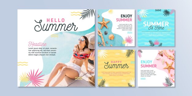 Colección plana de publicaciones de instagram de verano con foto