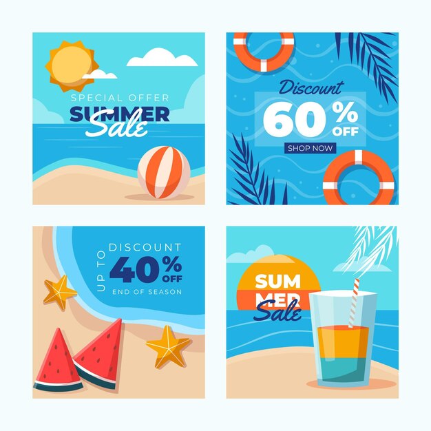 Colección plana de publicaciones de instagram de verano