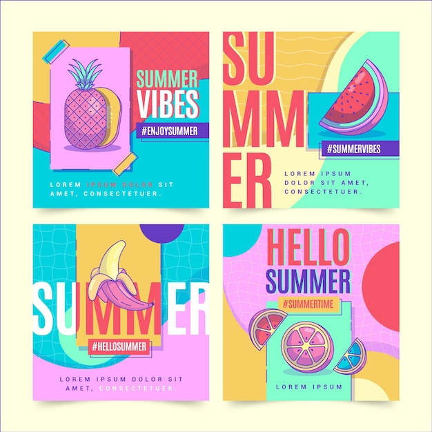Vector gratuito colección plana de publicaciones de instagram de verano