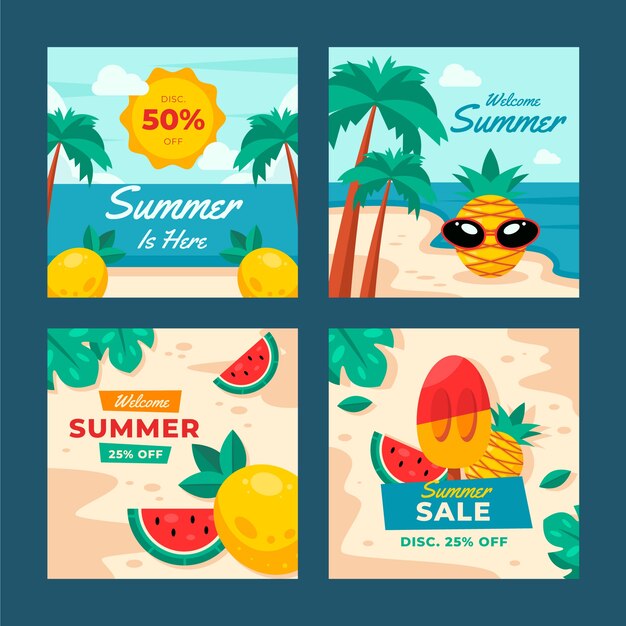 Colección plana de publicaciones de instagram de verano